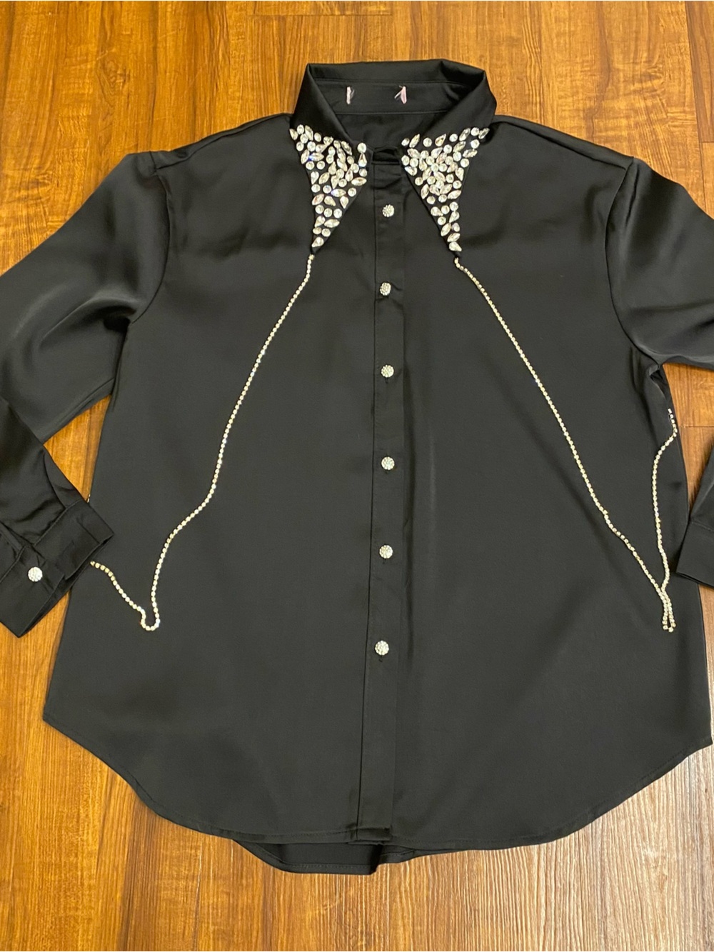 Black Satin Blouse with Crystal Trim